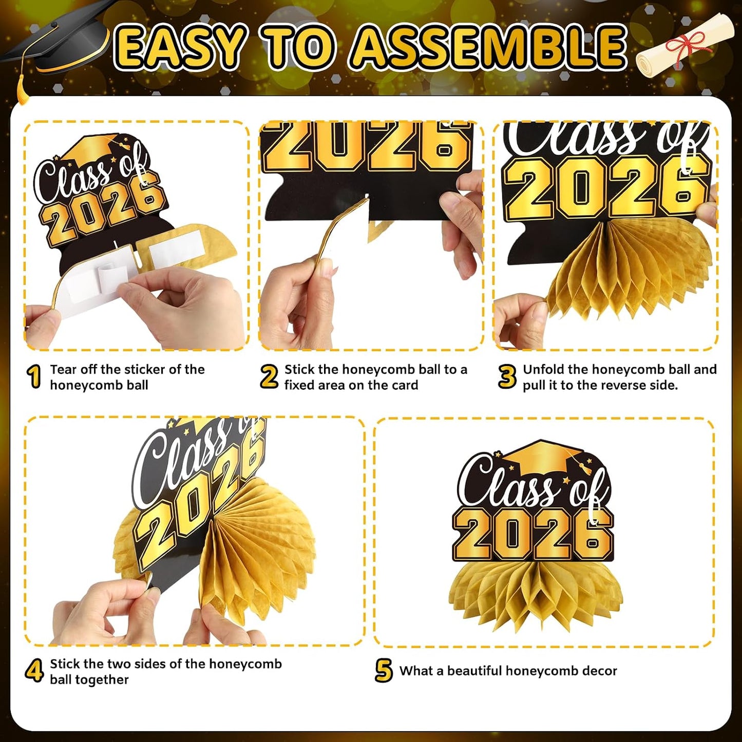 Graduation Decorations 2026, Class of 2026 Graduation Party Decorations Set, Congrats Grad Banner, Hanging Swirls & Table Centerpiece Decorations, Black and Gold Graduation Decor for Home School Party BST326L