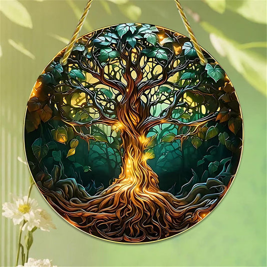Tree of Life Suncatcher for Windows Large Round Stained Window Hanging Acrylic Panels Bedroom Garden Kitchen Wall Decor Gifts for Women Mom Grandma Teacher, Coloured BST220