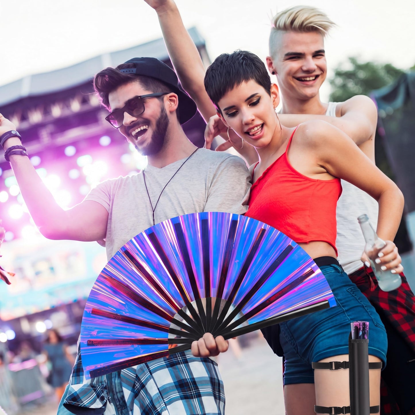 FairySandy Large Rave Fan UV Glow Clack Summer Hand Fan with Thigh Holster for Women Carnival Party Supplies for Carnival Edm Music Festival Club Accessories(Cool Style,Black) WN420