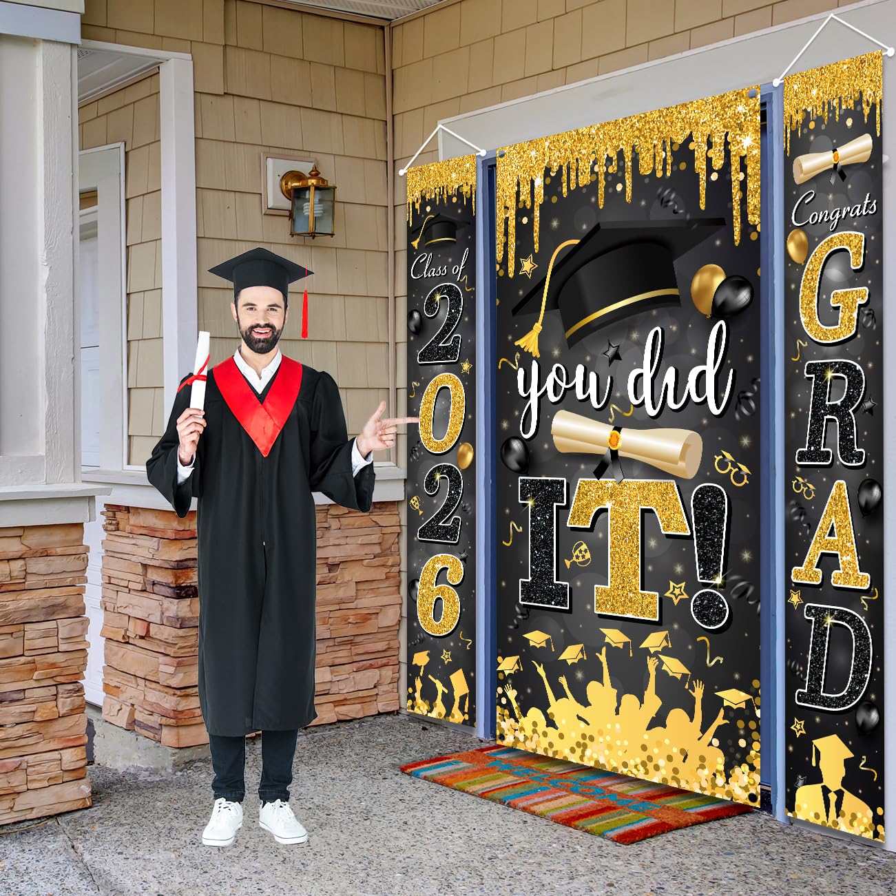 Graduation Decorations Class of 2026 Purple and Gold Congrats Grad Banner and You Did It Door Cover for High School College Graduation Party Supplies(Purple) BST326H