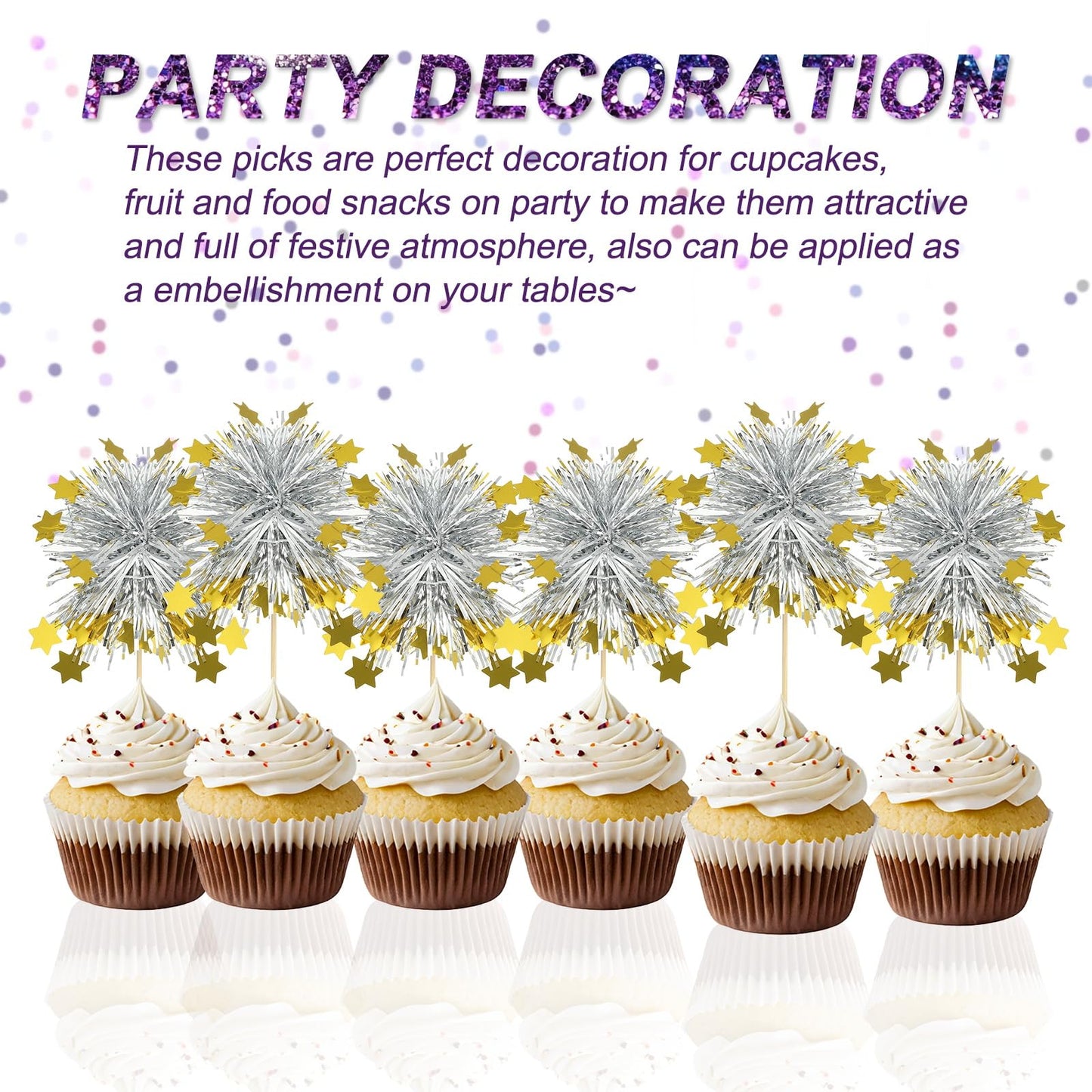 PATIKIL Firework Cupcake Toppers, 50 Pcs Sparkle Tinsel Snow Cupcake Picks Birthday Party Graduation Wedding Foil Decor Cocktail Food Fruit Toothpicks Christmas, Red BST326H