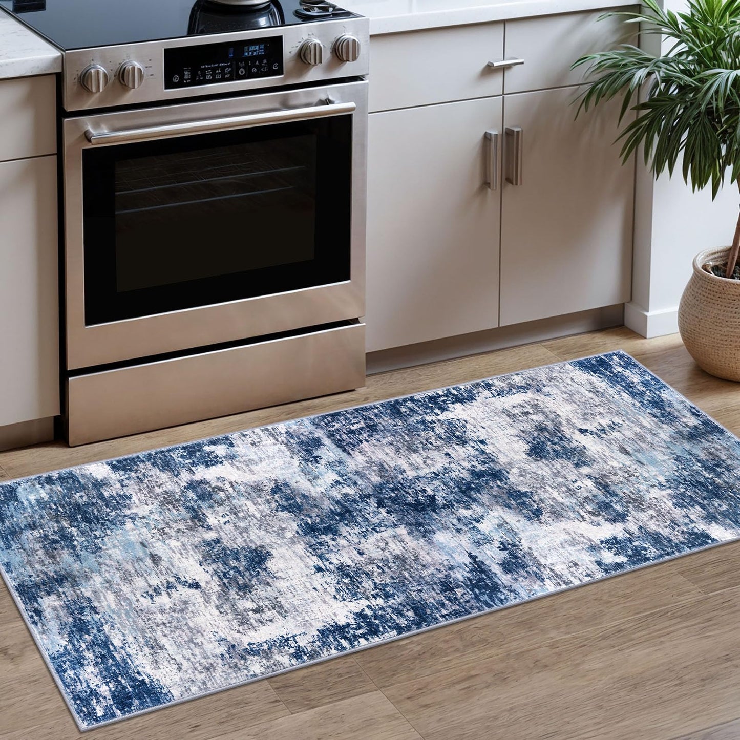 Lansny Modern Abstract Runner - 2x5, Beige Grey Washable Kitchen Entryway Rug Mat Non-Slip Soft Neutral Hallway Rug Thin Print Faux Wool Carpet for Bedroom Laundry Room Indoor BST220