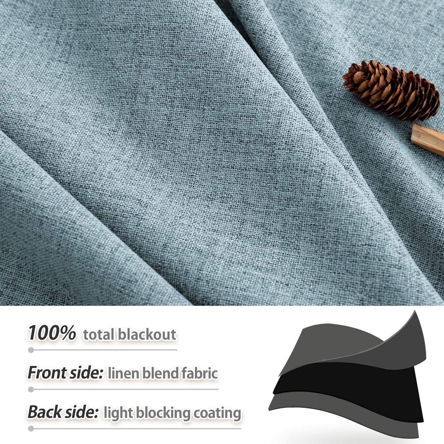 PANGSINNE Short Curtains for Windows Bathroom, 100% Blackout Linen Boho Back Tab Pleated Cafe Curtains for Kitchen Bedroom, 54 Inch Length 2 Panels Set, Dusty Blue BST326H