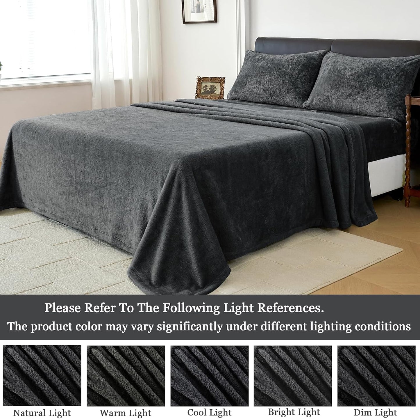 Faux Fur Queen Sheet Set, Luxury Soft Fleece Bed Sheets, Fluffy Plush Velvet Sheets Fuzzy Bedding Sheets for Fall and Winter, Cozy Warm, No Shedding, 4PC, Dark Grey BST326H
