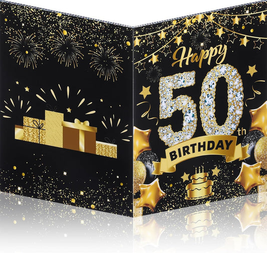 RUMIA 50th Birthday Greeting Card Large 50th Birthday Decorations Giant 50th Birthday Card Giant 50th Birthday Guest Signature Guest Book Black Gold 50th Birthday Party Decoration for Men Women WN420