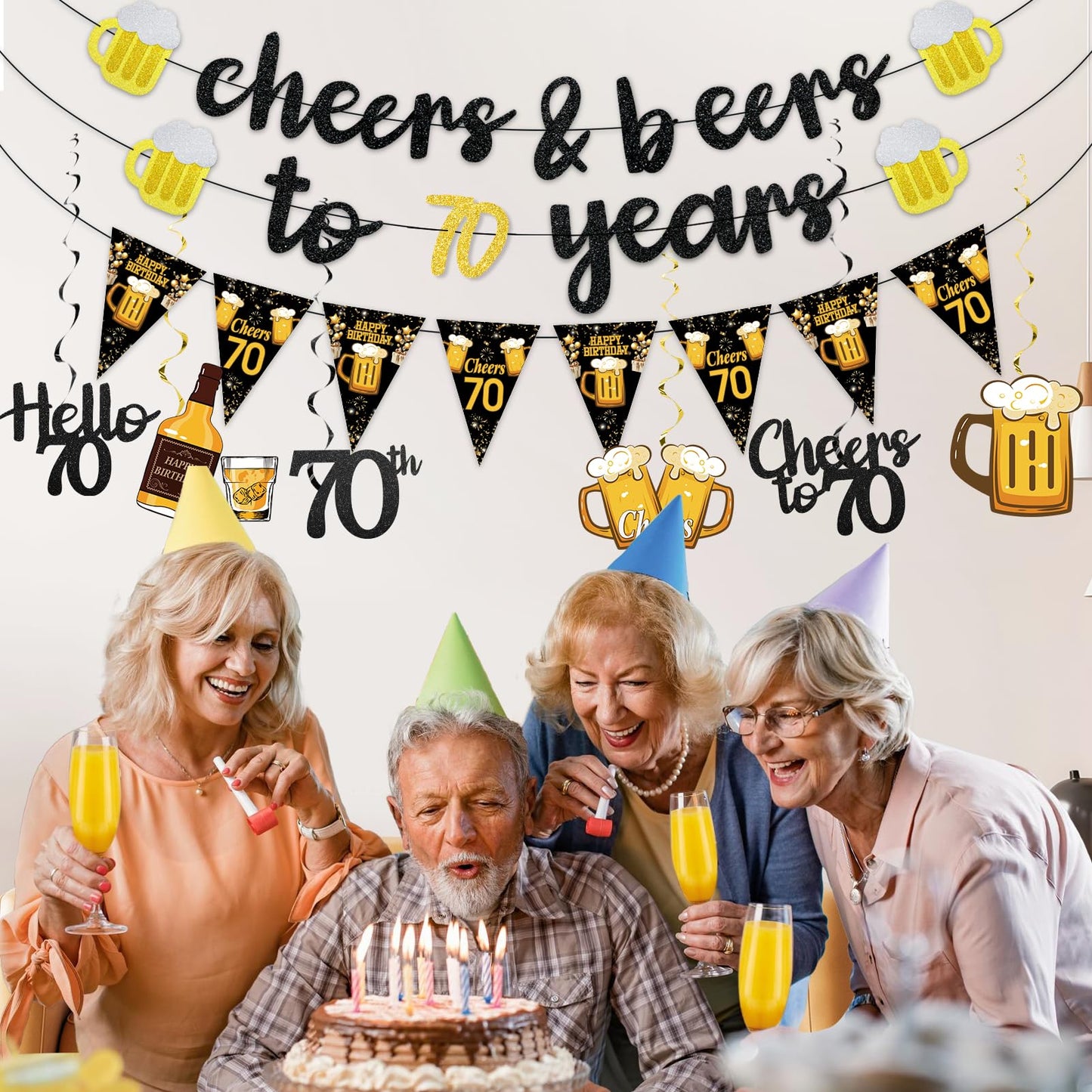 Black Gold 90th Birthday Decorations for Men Women, Glitter Pre-Strung Cheers to 90 Years Banner Hello 90 Hanging Swirls Paper Triangle Flag Banner Decorations Bday Party Supplies Kit WN420