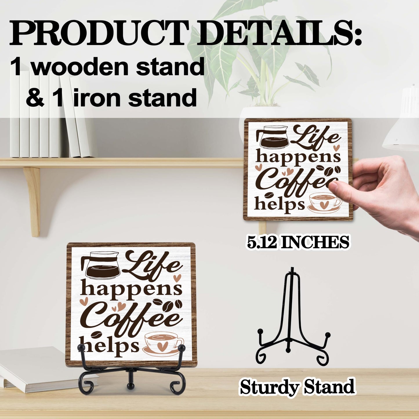 Coffee Bar Decor, Farmhouse Kitchen Table Decor, Coffee Station Accessories, Wooden Decorative Sign with Iron Stand for Table Desk Shelf Display-E21 BST220