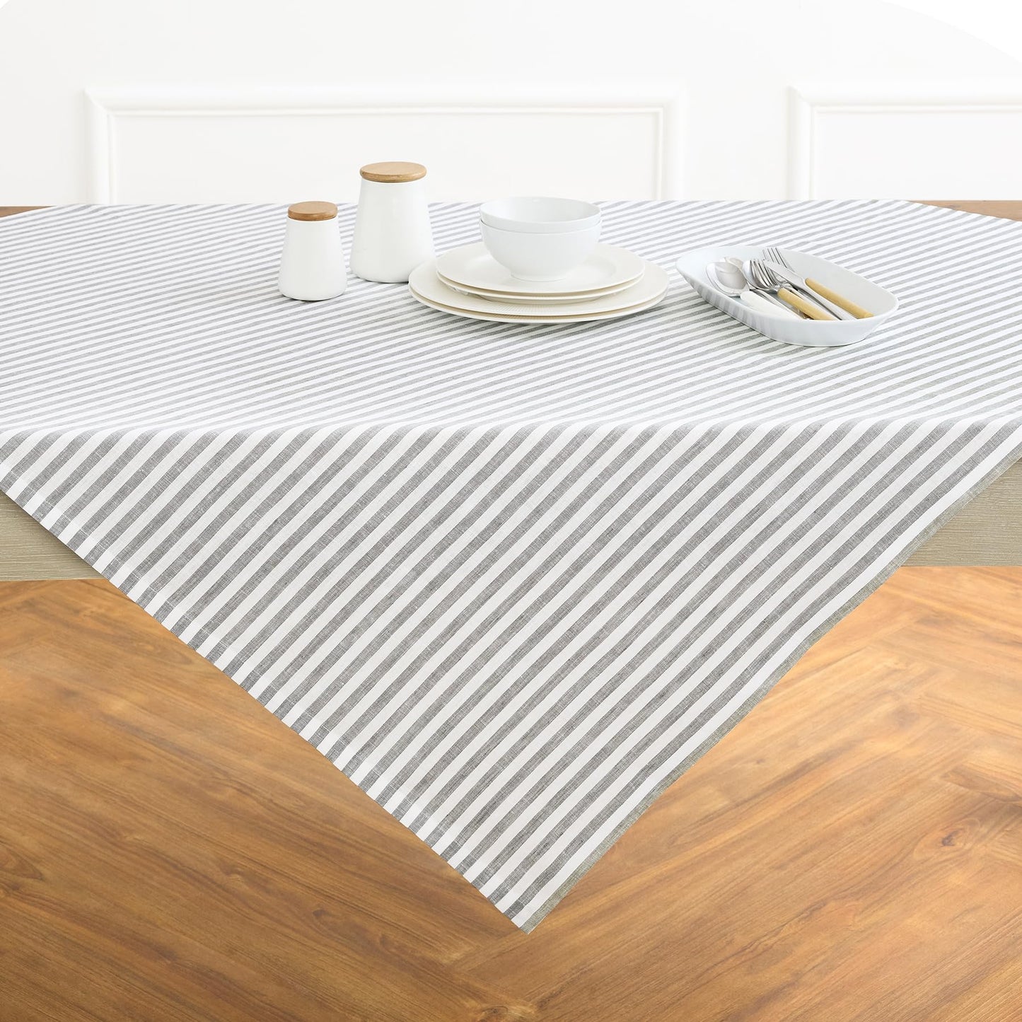 Solino Home 100% Linen Table Cloth, Throw, 52 x 52 in, Coral, Amalfi Stripe | Striped Linen Tablecloth a neat topper for bistro, card and side tables | Coral and White | Pure Linen | OEKO-TEX Certified BST326SOLH
