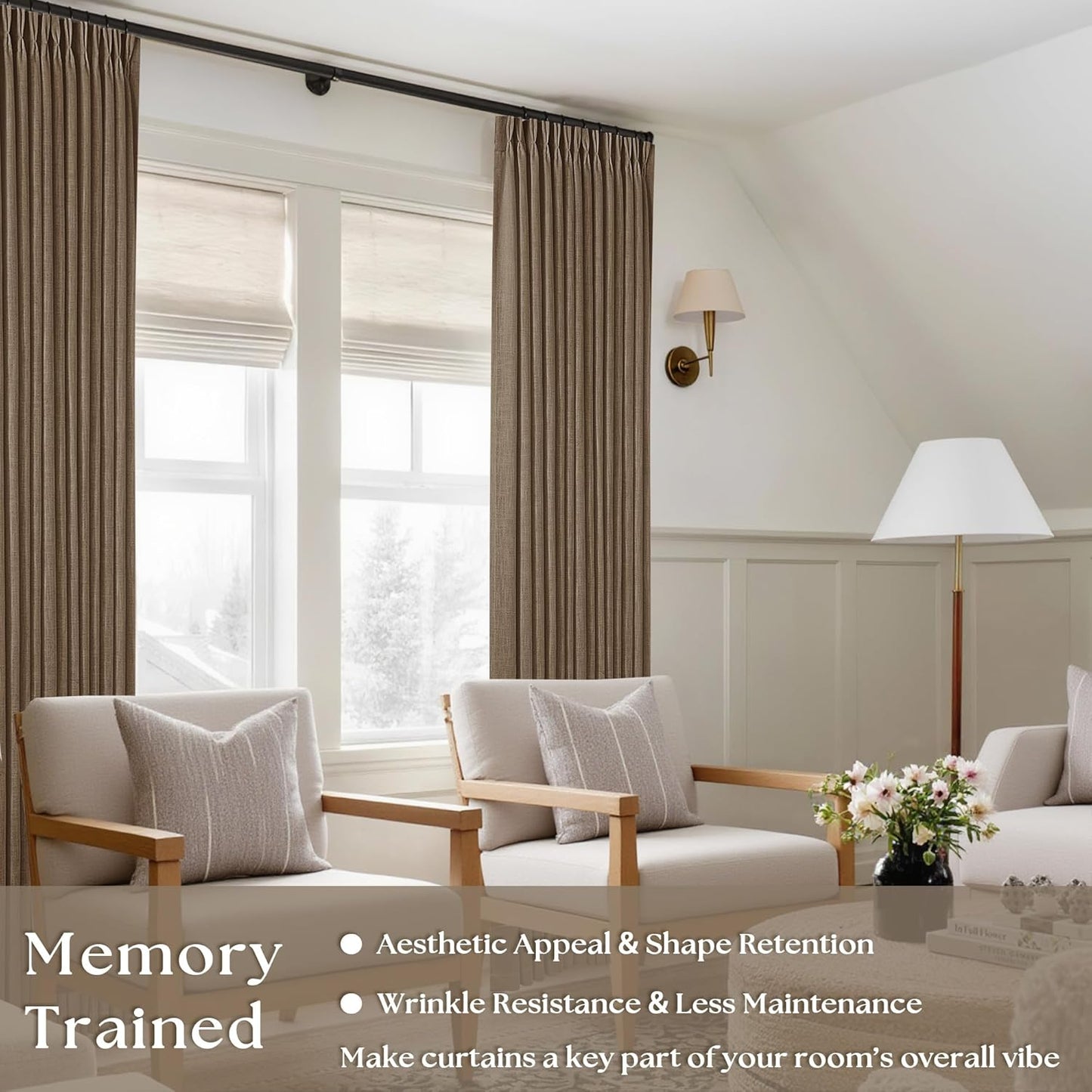 TWODRAPES Brown Pleated Linen Curtains 96 Inches Long Living Room 2 Panel Set Semi Sheer Light Filtering Pinch Pleat with Rings Hooks Drapes Boho Rustic Farmhouse Dutch Cocoa Curtain Bedroom Window