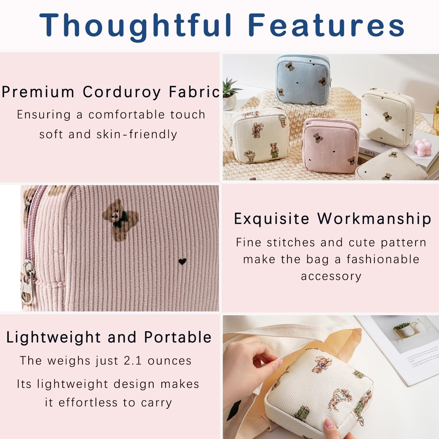 uekeboag Cute Small Corduroy Zipper Makeup Bag, Mini Coquette Aesthetic Pouch with Bear Pattern for for Purse,Key Pocket Lipstick Bag Card Holder Data Cable Organizer (12Hot Pink) BST220