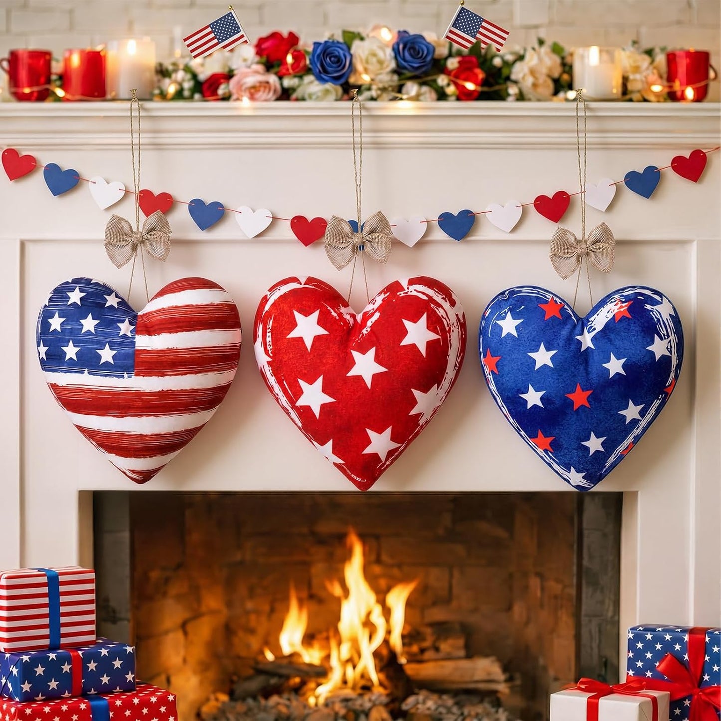 Moukeren 3 Pcs 4th of July Tree Decorations 12 Inch Large Red White Blue Decorations Patriotic Mantel Decor Fabric Heart Hanging Ornaments for Independence Day 250th Anniversary Rustic Farmhouse Style BST202