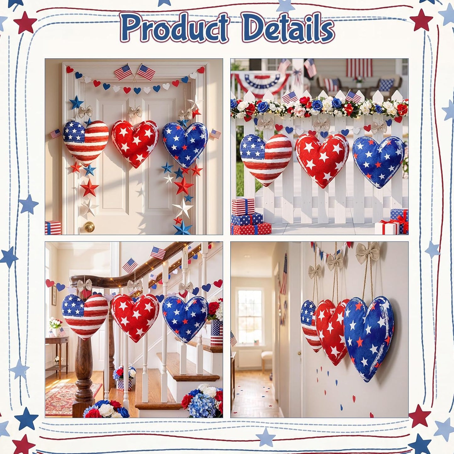 Moukeren 3 Pcs 4th of July Tree Decorations 12 Inch Large Red White Blue Decorations Patriotic Mantel Decor Fabric Heart Hanging Ornaments for Independence Day 250th Anniversary Rustic Farmhouse Style BST202
