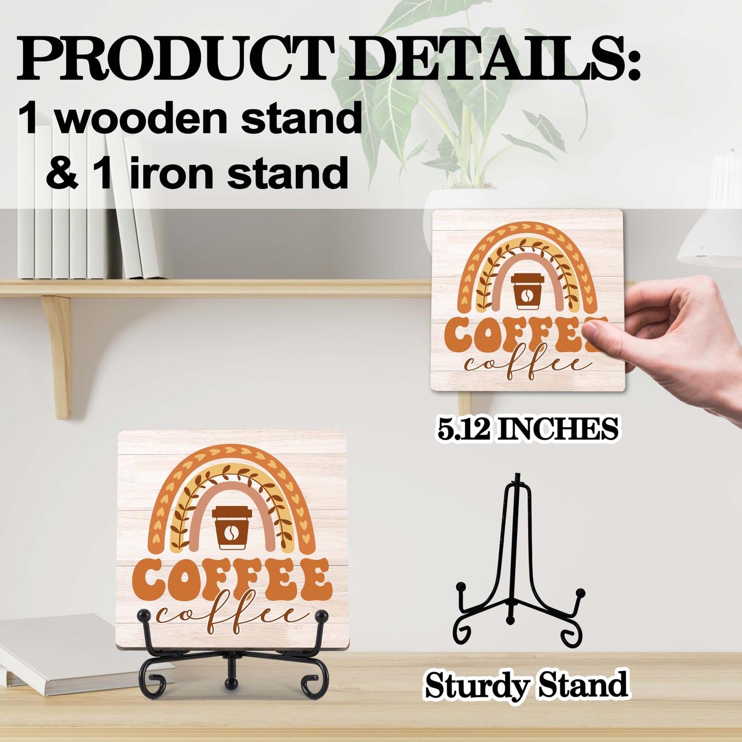 Coffee Bar Decor, Farmhouse Kitchen Table Decor, Coffee Station Accessories, Wooden Decorative Sign with Iron Stand for Table Desk Shelf Display-E21 BST220