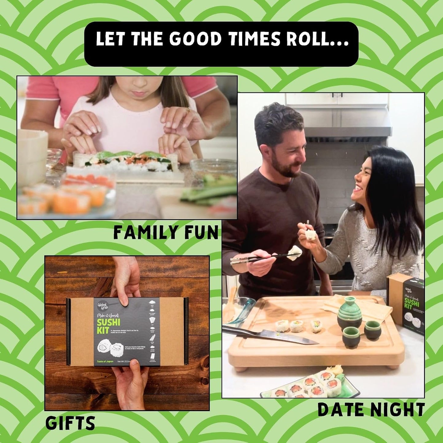 Global Grub DIY Sushi Making Kit - Sushi Kit With Ingredients - Sushi Rice, Nori Sushi Seaweed, Sushi Rice Seasoning, Sesame Seeds, Wasabi Powder - Bamboo Rolling Mat, Instructions, Makes 48 Pieces DD1210