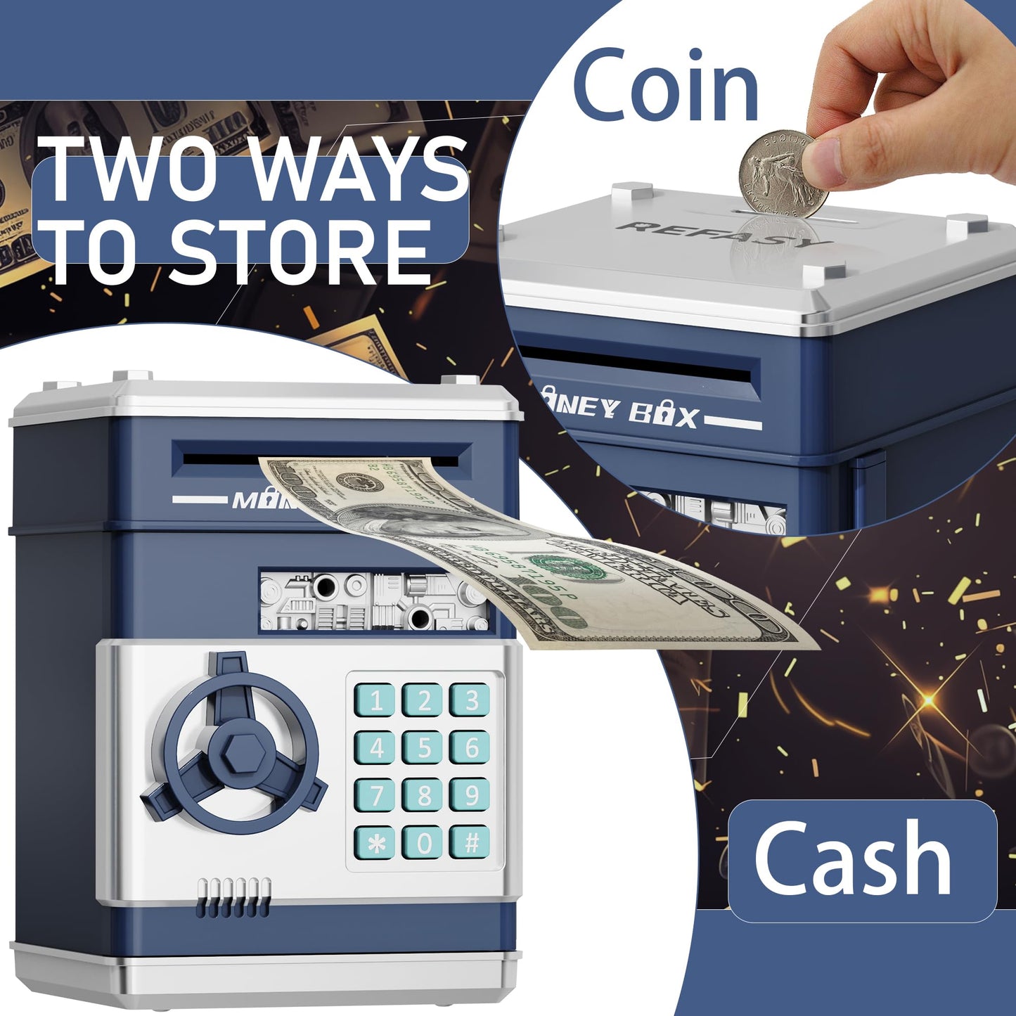 Refasy Piggy Bank Cash Coin Can ATM Bank Electronic Coin Money Bank for Kids Age 3-12, Money Savings Box Mini ATM Coin Bank Toys Gifts for 3 4 5 6 7 8 9 10 11 12 Year Old Boys Girls
