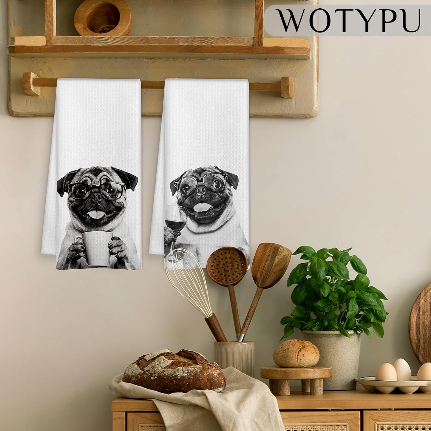 Funny Pug Kitchen Bar Towels, Gifts for Pug Lovers Dish Tea Towel, Wine Coffee Lover Gifts Decorative Hand Towels for Kitchen Bar Cart Decor, 16x24 Inch Set of 2 BST326L
