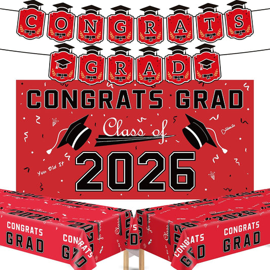 Graduation Decorations 2026 2027 - Red Congrats Grad Banner Backdrop Tablecloth Set - Graduation Decorations Class of 2026 | Graduation Party Favors Supplies WN420