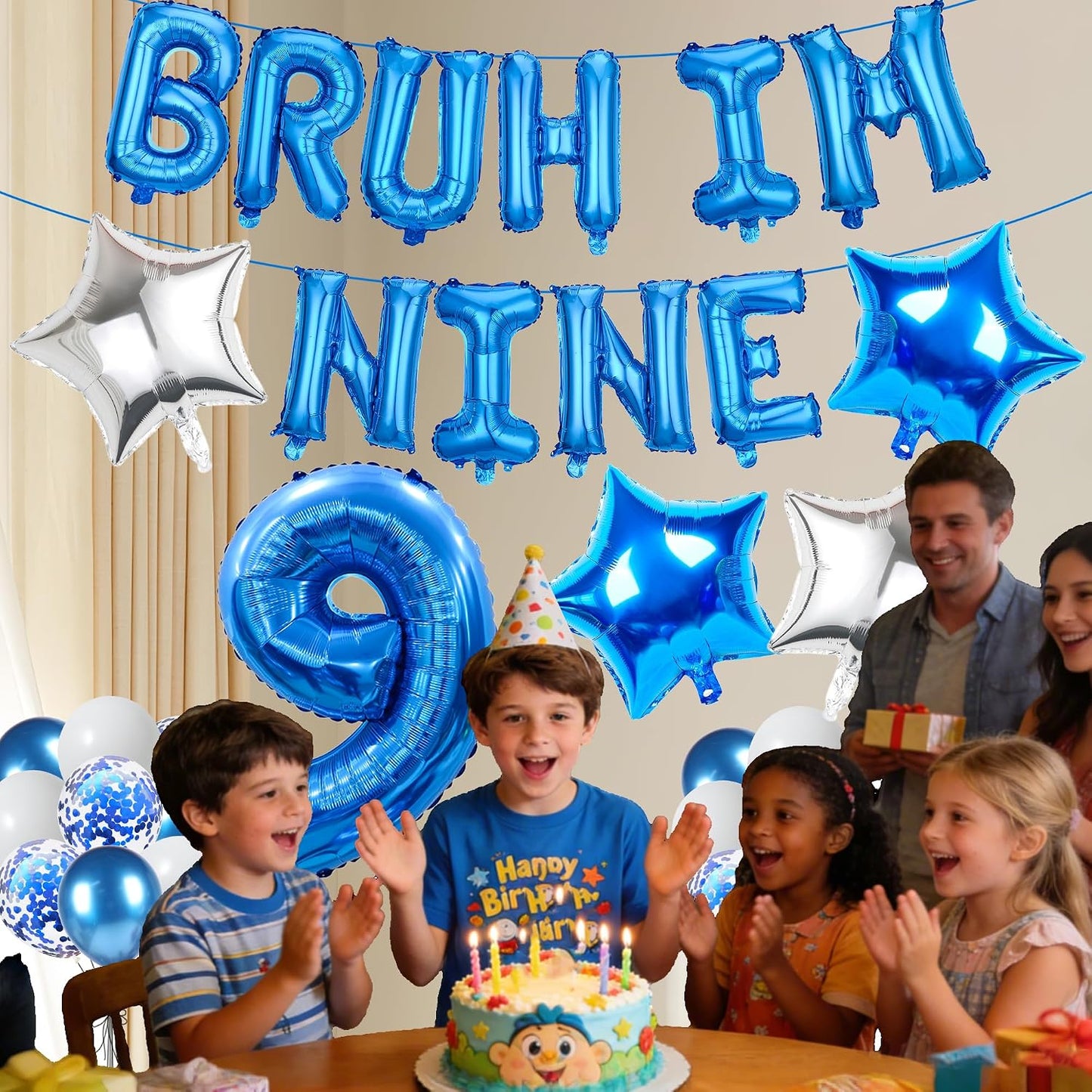 9th Birthday Decoration Balloon Banner - 33 Pcs Blue Bruh Im Nine Letter Banners Number 9 Star Foil Latex Balloons for Boys And Girls Happy Birthday Celebration Party Decor Supplies BST326L