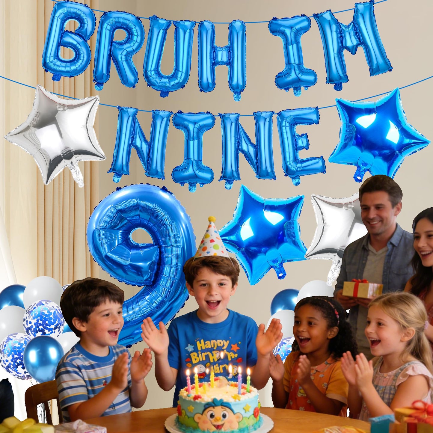 9th Birthday Decoration Balloon Banner - 33 Pcs Blue Bruh Im Nine Letter Banners Number 9 Star Foil Latex Balloons for Boys And Girls Happy Birthday Celebration Party Decor Supplies BST326L