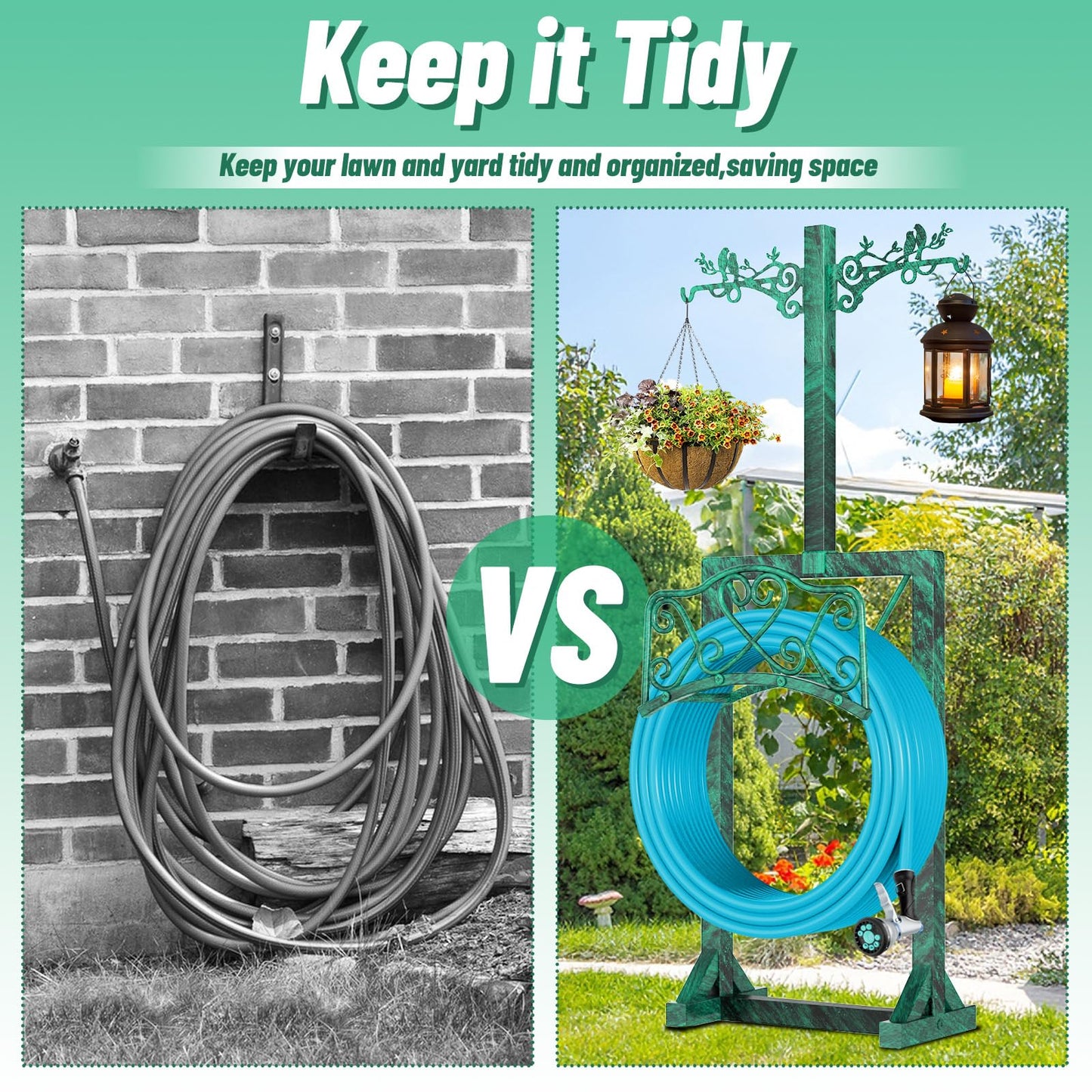 Garden Hose Holder, Freedstanding Heavy Duty Garden Water Hose Holder Stand with 2 Shepherds Hooks, Detachable Metal Hose Storage Hanger Rack for Outside Yard Lawn Farm DD1210