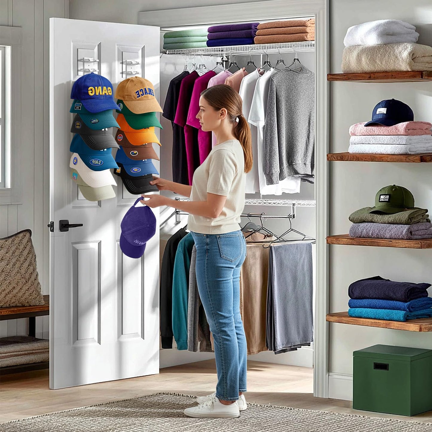 Hat Hook for Wall, 2 Pack Hat Organizer Hold up to 20 Hats,Hat Holder with Strong Adhesive and 8 Pack Screws, Cap Holder Hat Hangers for Wall Closet Door and Bedroom(B-Black) BST220