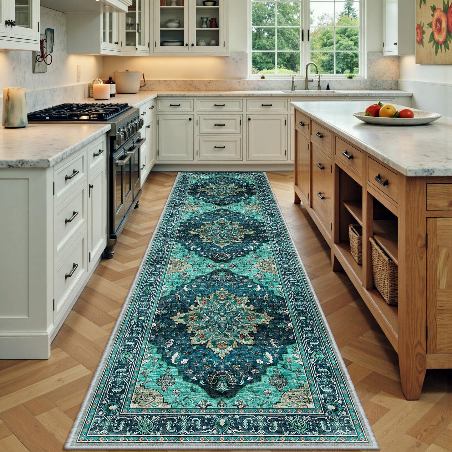 RELEANY Area Rugs Runner 2'x6' Washable Non-Slip, Floral Vintage Distress Medallion Carpet for Kitchen Hallway Bedroom Beside Laundry Room Bathroom, Teal Green Lake Blue Turquoise DD1210