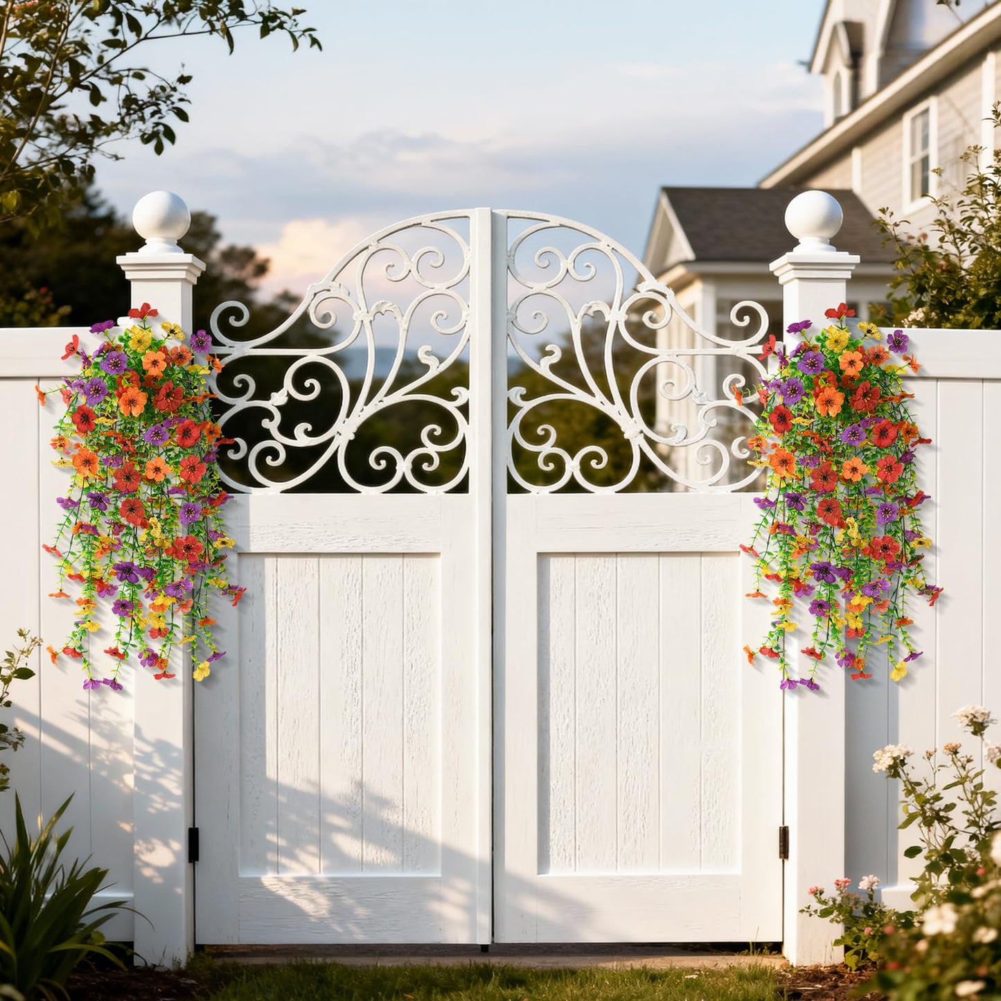 Artificial Hanging Flowers for Outdoor, 2PCS Fake Flowers Faux Silk Daisy with Eucalyptus Leaves, UV Resistant Aritificial Flowers for Spring Home Patio Yard Porch Decor (Light Purple Red) BST202
