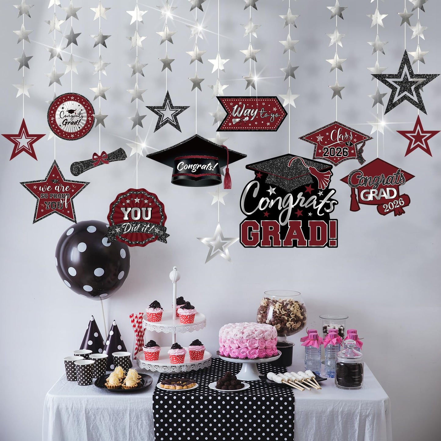 Yisong 14 Pcs Graduation Garland Class of 2026 Graduate Decoration Diploma Hat Star Congrats Garland Banner Congrats Grad Streamers Backdrop for Graduation Party Supplies College Grad Decor(Red) BST202