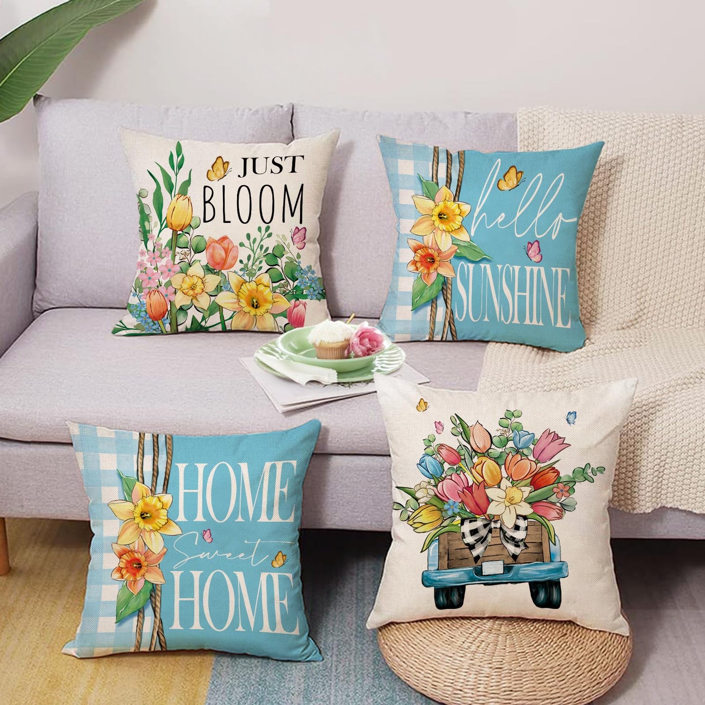 Spring Summer Daisy Flower Decorative Throw Pillow Covers | 18 x 18 Set of 4, Home Sweet Home Floral Wreath Watering Can Boots Porch Home Decor, Live Laugh Love Farmhouse Sofa Couch BST202