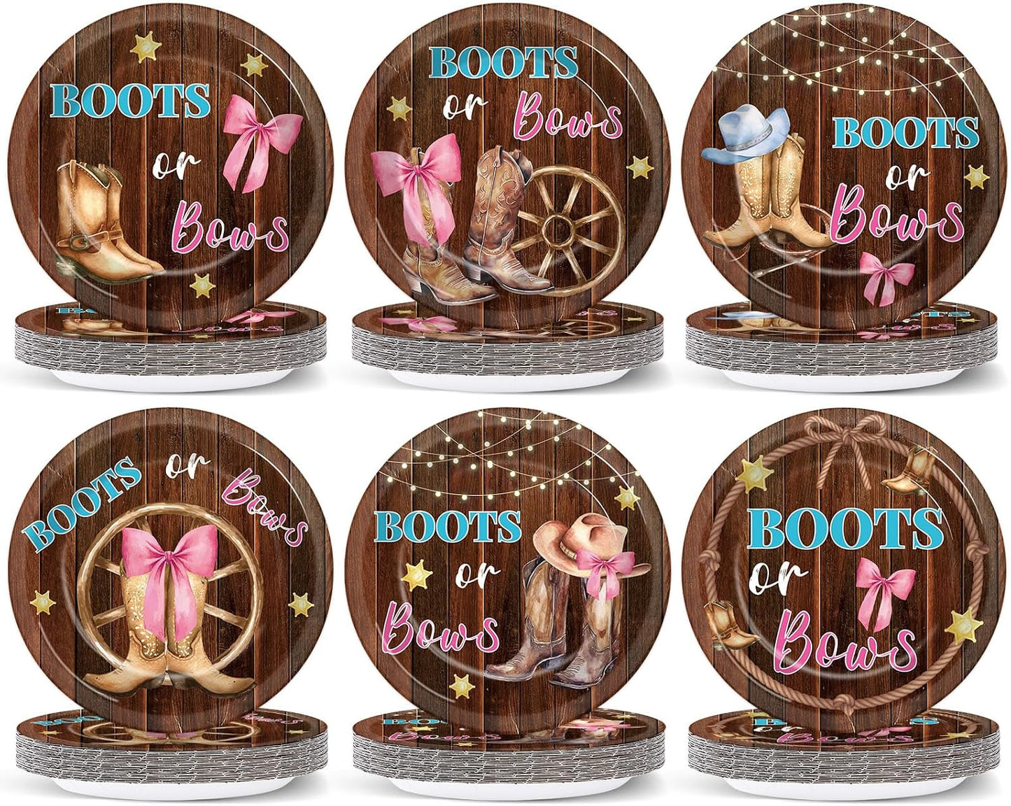 Boots and Bows Gender Reveal Paper Plates Cowboy Boots Pink Bows He or She Disposable Tableware Blue or Pink Party Supplies for Baby Shower Western Cowgirls Cowboys Gender Reveal Party Decorations BST326L
