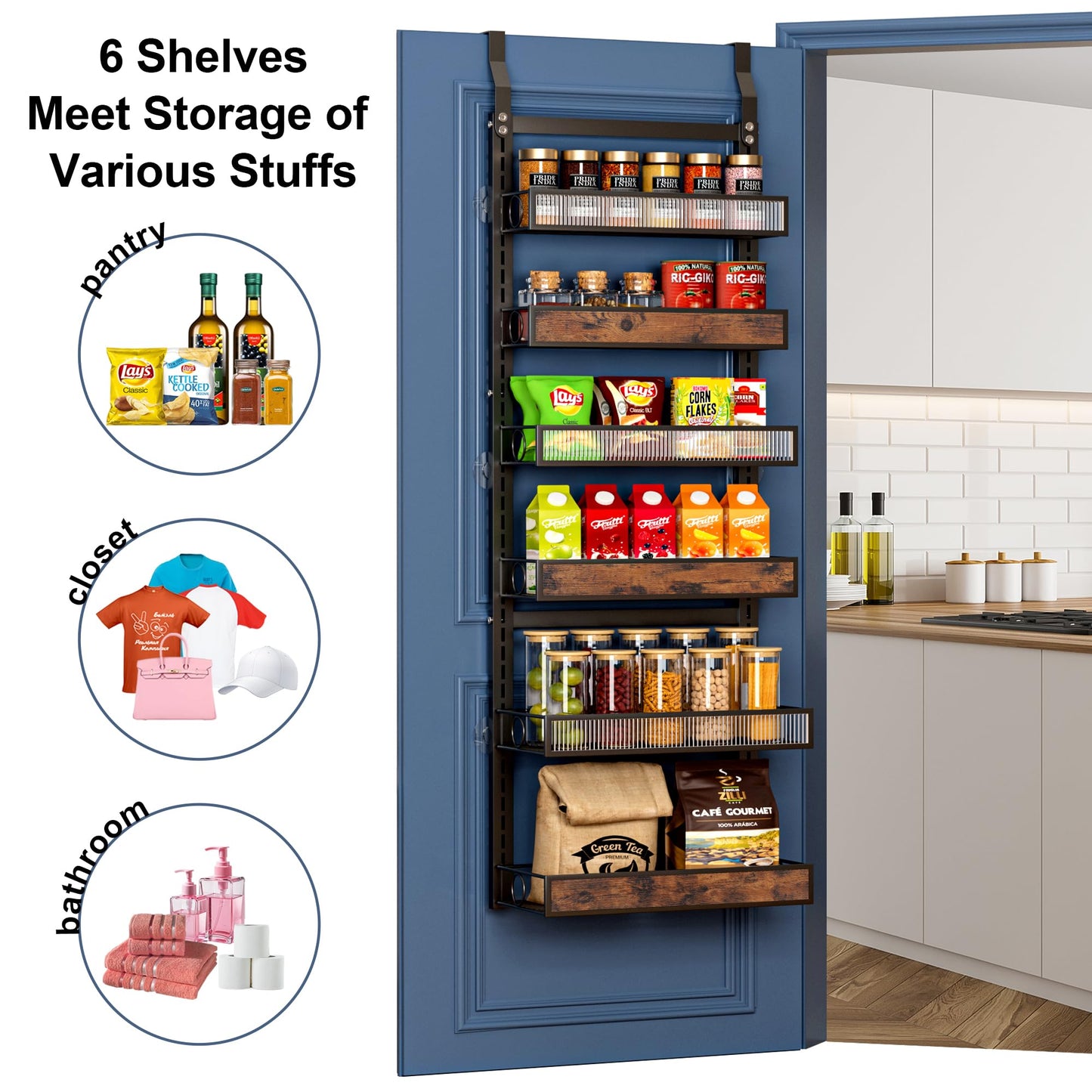 6 Tier Pantry Door Organizer Spice Rack, 2-IN-1 Wall Mount or Hanging Over Door Seasoning Organizer with Adjustable Baskets, Heavy Duty Behind Door Storage Shelves for Pantry, Cabinet and Kitchen BST220