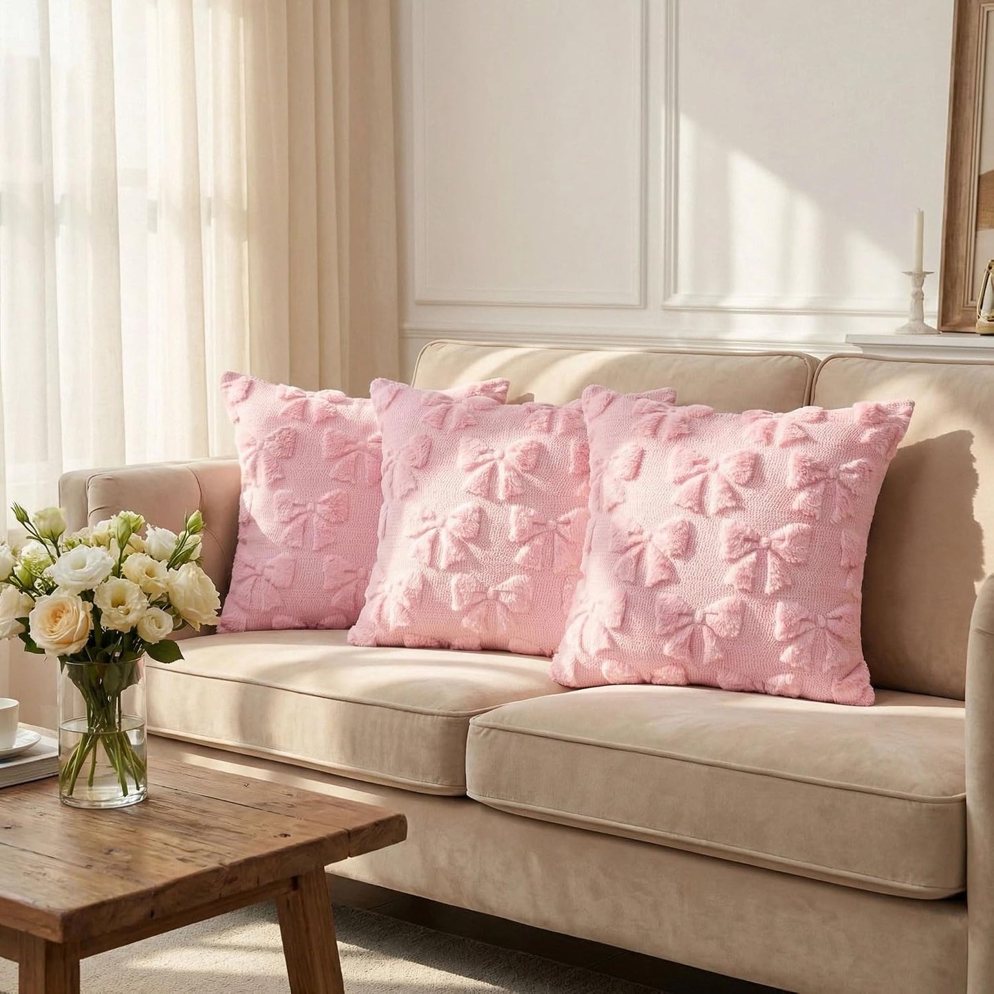Pink Bow Pillow Covers 18x18 Inch Set of 3 Cute Bowknot Throw Pillow Cover Soft Plush Cushion Covers Aesthetic Pillowcase for Coquette Room Decor BST326H