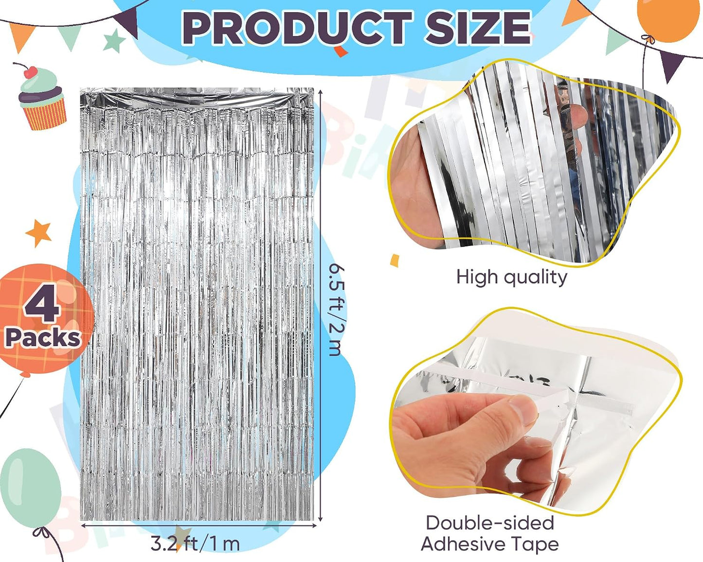Seenelling Happy Birthday Balloons Banner with 3 Pack Silver Foil Fringe Backdrop 16 Inch Foil Letters Metallic Tinsel Fringe Curtains Reusable Inflatable Birthday Party Decorations(Blue) BST326L