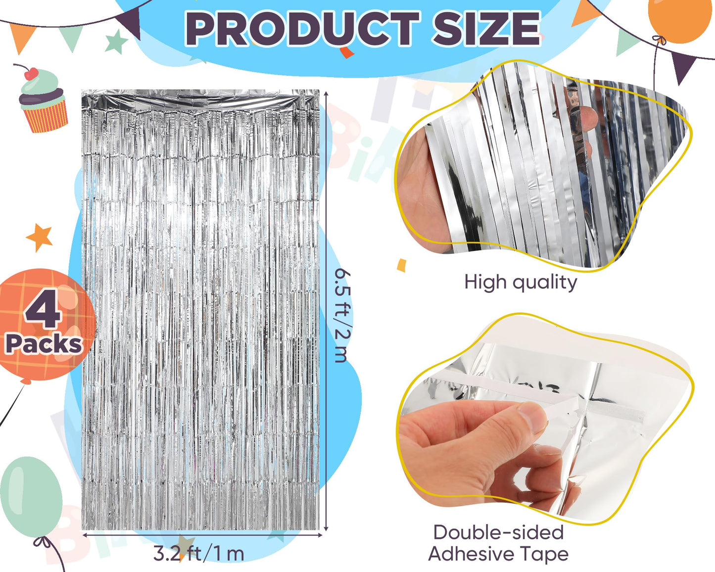 Seenelling Happy Birthday Balloons Banner with 3 Pack Silver Foil Fringe Backdrop 16 Inch Foil Letters Metallic Tinsel Fringe Curtains Reusable Inflatable Birthday Party Decorations(Blue) BST326L