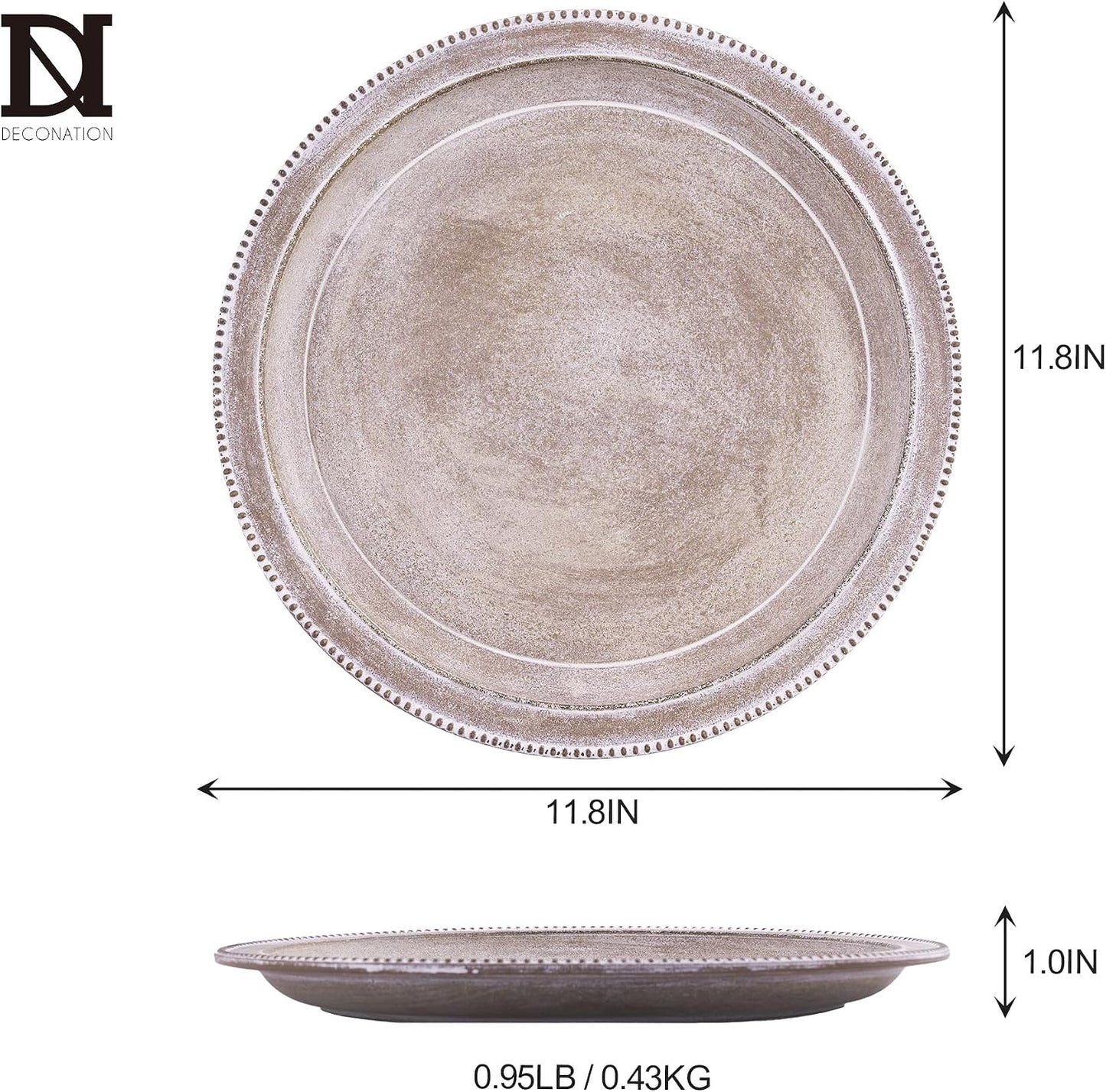 Farmhouse Rustic Coffee Table Tray for Home Decor, Round Wooden Powder Compressed Decorative Tray, Wood Beaded Edges Trays for Living Room, Bathroom, Kitchen Counter- 11.8" Brown and Whitewashed Trays BST326H