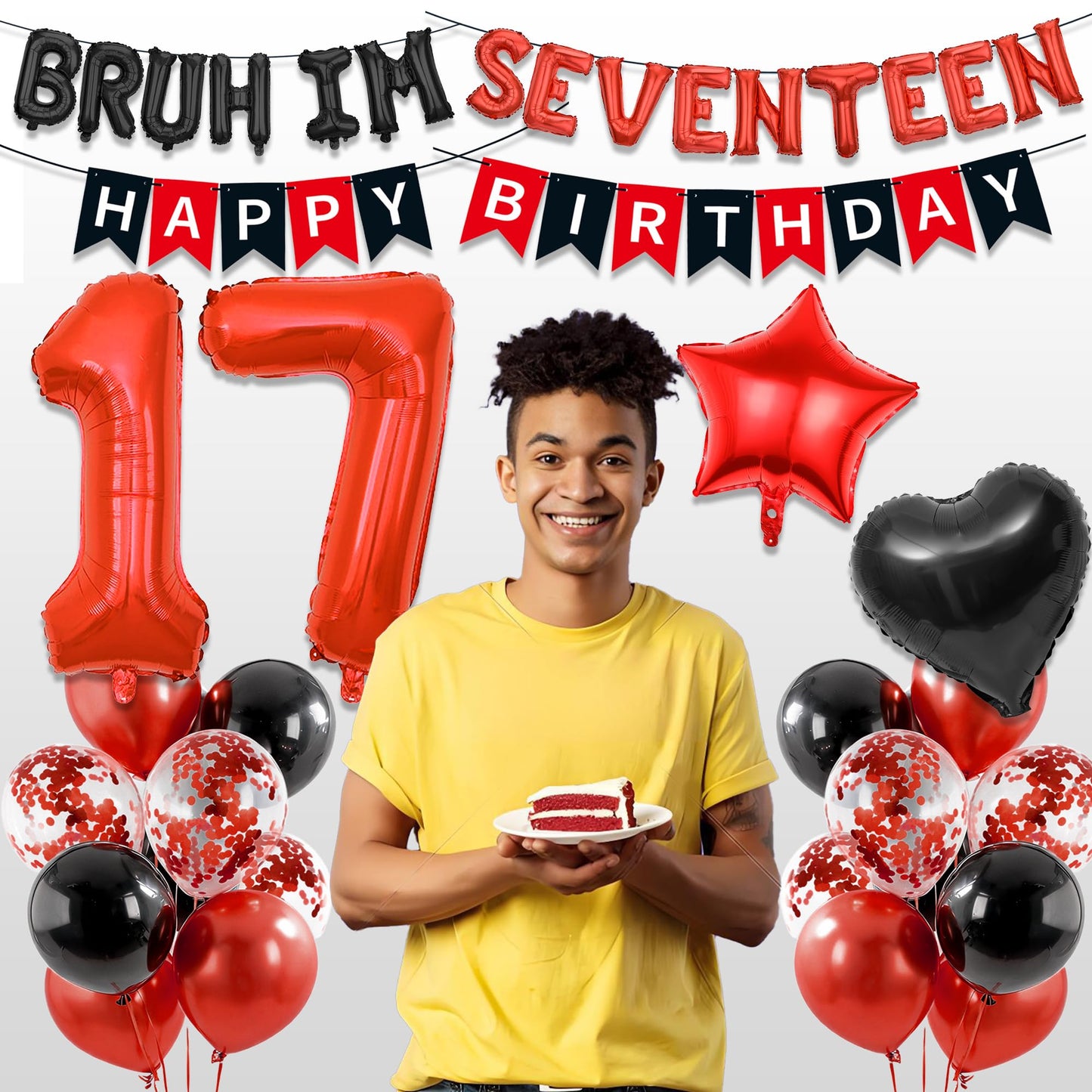 9th Birthday Decorations Boys Kit - 27 Pcs Red and Black Bruh Im Nine Balloon Banners Happy Birthday Fishtail Flags Number 9 Balloon Star Heart Balloons Set for 9 Year Old Party Decoration Supplies BST202