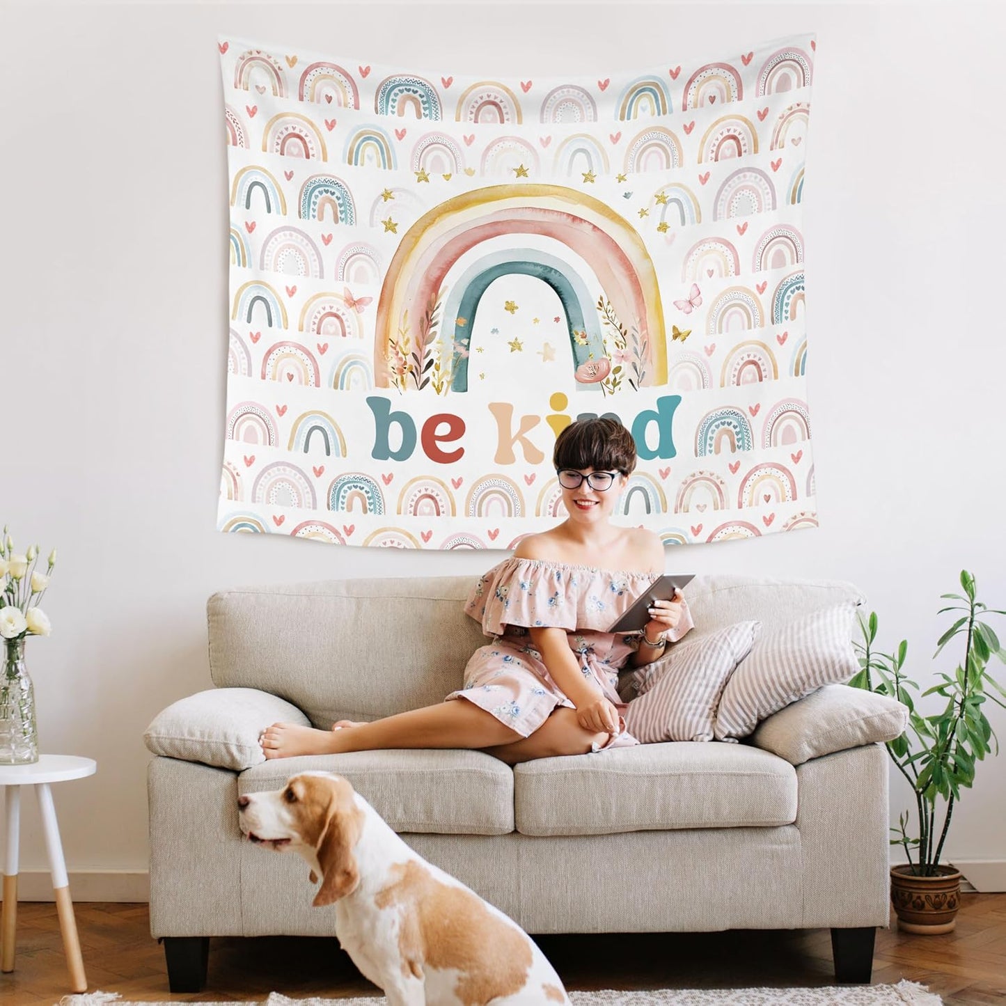 WARDOS Boho Rainbow Classroom Tapestry, Be Kind Motivational Tapestry Wall Hanging, Boho Pastel Rainbow Wall Blanket Decor for Classroom Kids Room Nursery Playroom, 50x60 Inch WN420