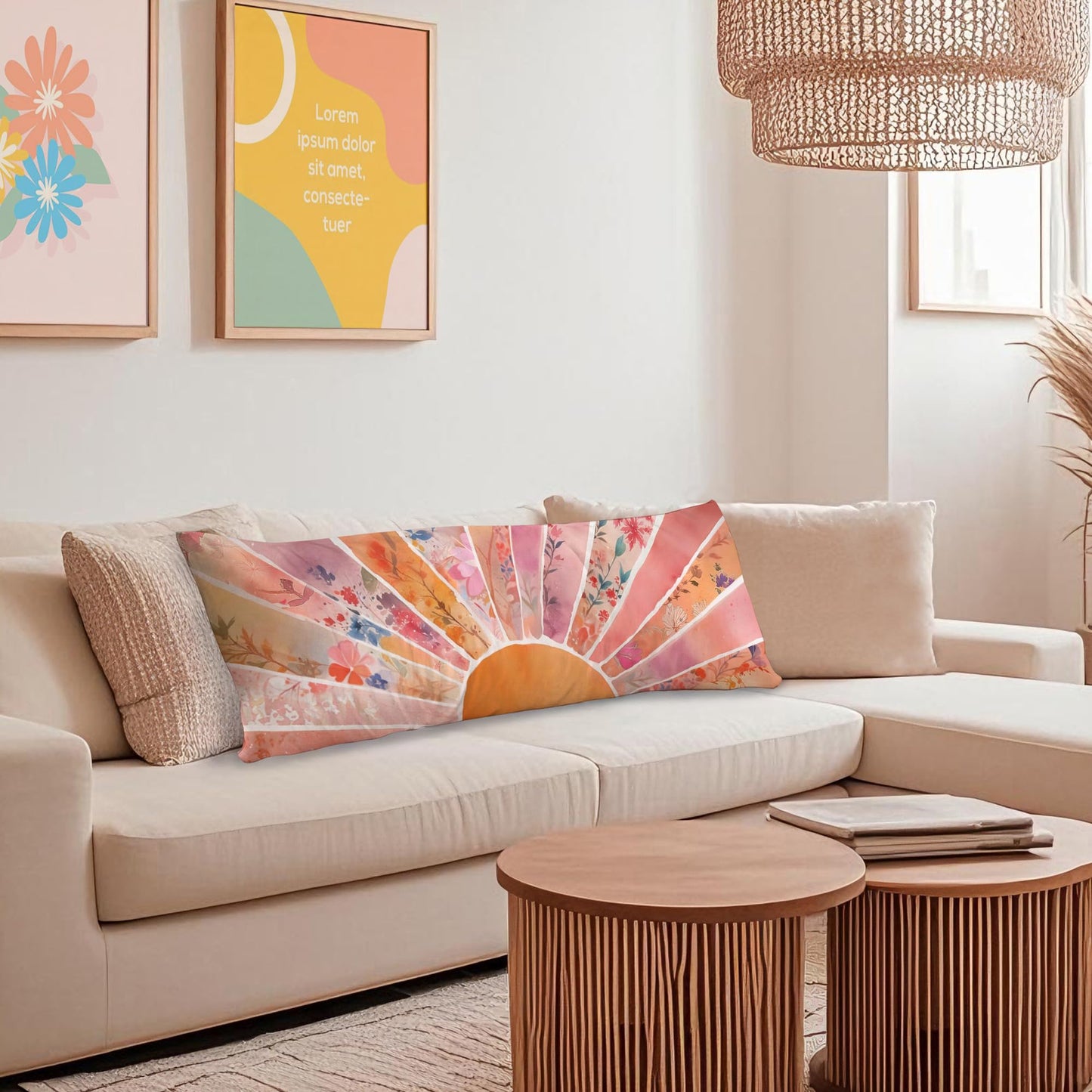Boho Sun Sunshine 21x54 Body Pillow Cover Case, Modern Neutral Boho Horizontal Sun Sunset Sunrise Decorative Long Hug Pillow Cases for Bed Couch BST220