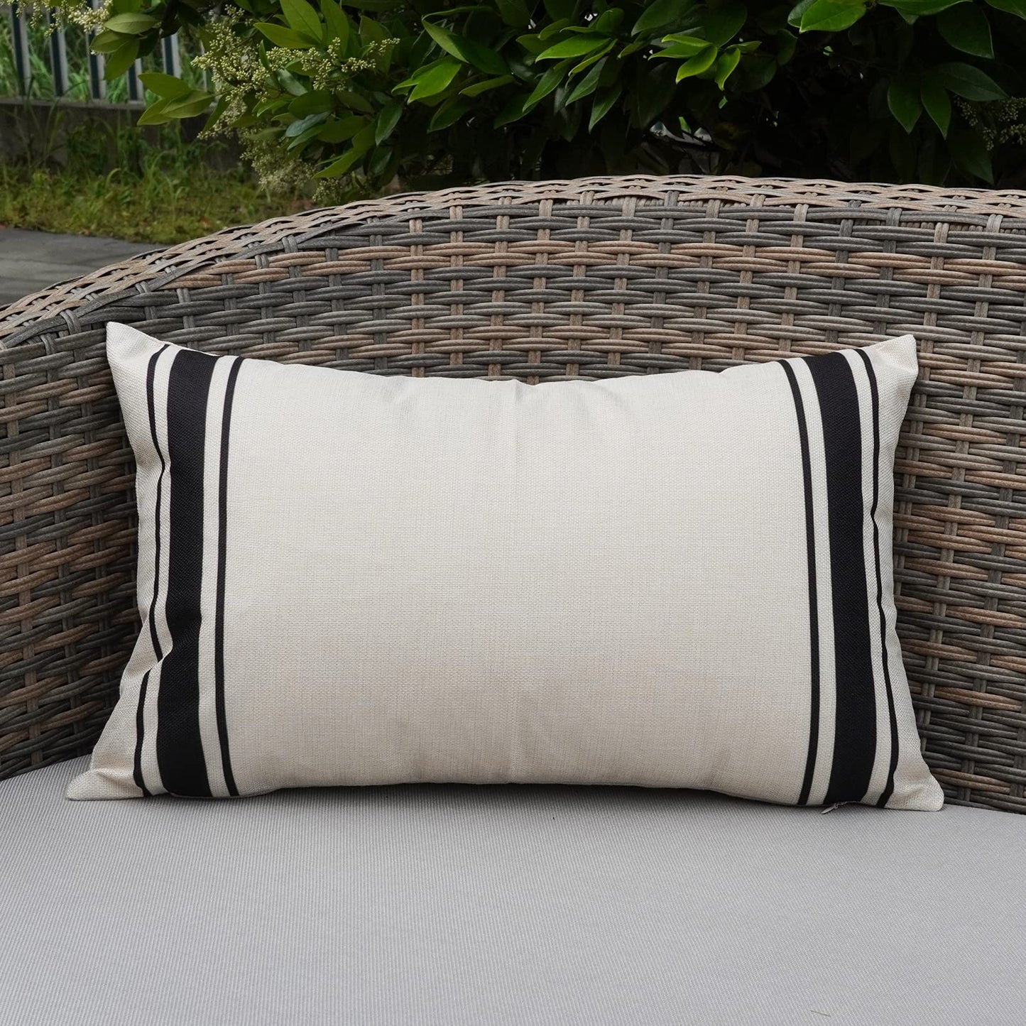 ONWAY Outdoor Pillow Covers Waterproof 18x18 Set of 2 Decorative Linen Throw Pillow Cover Beige and Black Striped Outdoor Pillows for Patio Furniture BST220