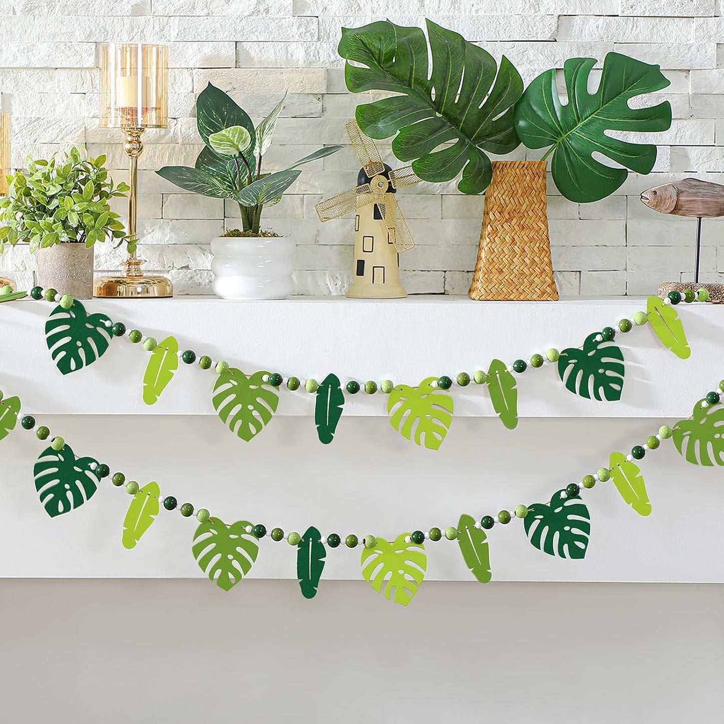 Chunful 2 Pcs Tropical Monstera Garland 6.56 ft Wood Palm Leaf Beads Banner Summer Hanging Garland for Hawaiian Luau Jungle Party Wall Fireplace Shelf Mantle Display Farmhouse Decor Home Supplies BST326L