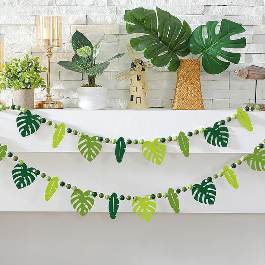 Chunful 2 Pcs Tropical Monstera Garland 6.56 ft Wood Palm Leaf Beads Banner Summer Hanging Garland for Hawaiian Luau Jungle Party Wall Fireplace Shelf Mantle Display Farmhouse Decor Home Supplies BST326L