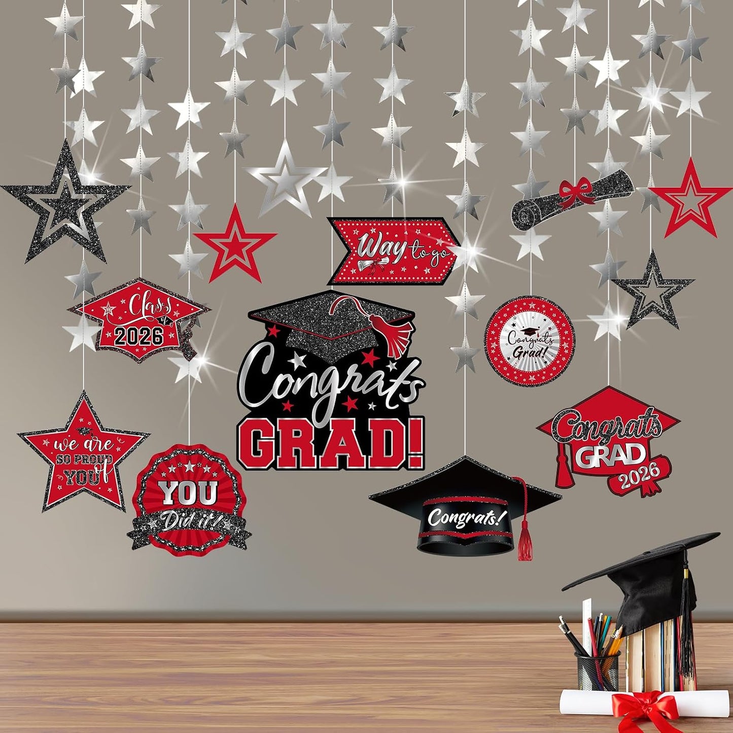Yisong 14 Pcs Graduation Garland Class of 2026 Graduate Decoration Diploma Hat Star Congrats Garland Banner Congrats Grad Streamers Backdrop for Graduation Party Supplies College Grad Decor(Red) BST202
