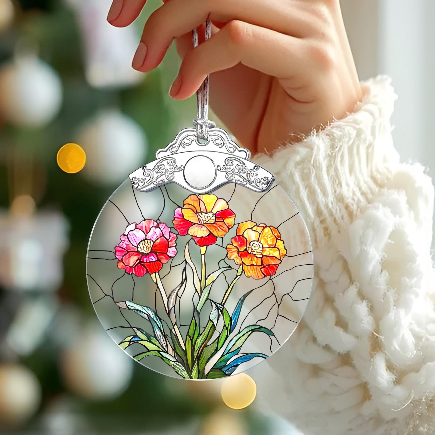 Christmas Ornaments: Stained Glass-Style January Birth Flower Ornament – Christmas Tree Decorations, Holiday Party Gifts, Mother's Day & Birthday Gifts for Women, Mom & Grandma | Birth Flower Gift BST220