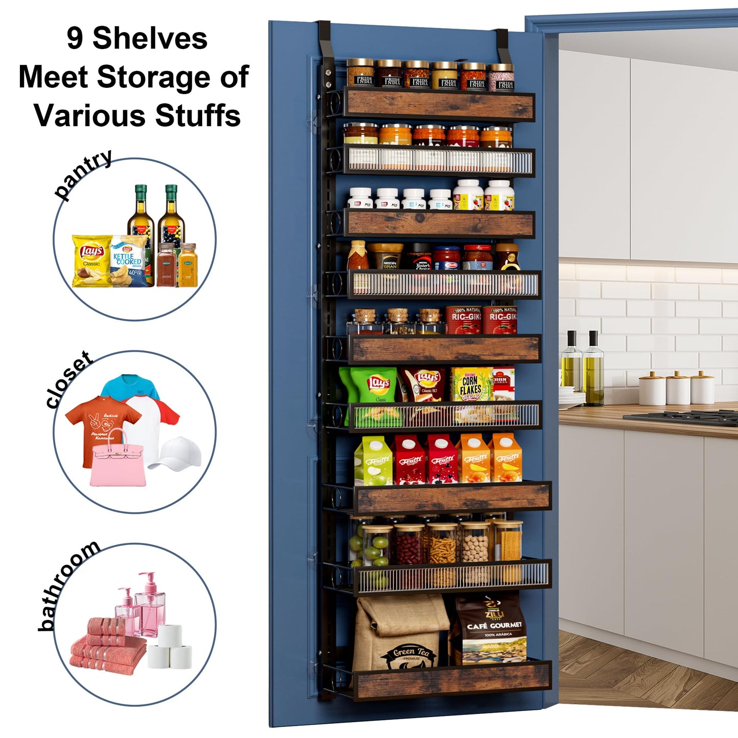 6 Tier Pantry Door Organizer Spice Rack, 2-IN-1 Wall Mount or Hanging Over Door Seasoning Organizer with Adjustable Baskets, Heavy Duty Behind Door Storage Shelves for Pantry, Cabinet and Kitchen BST220