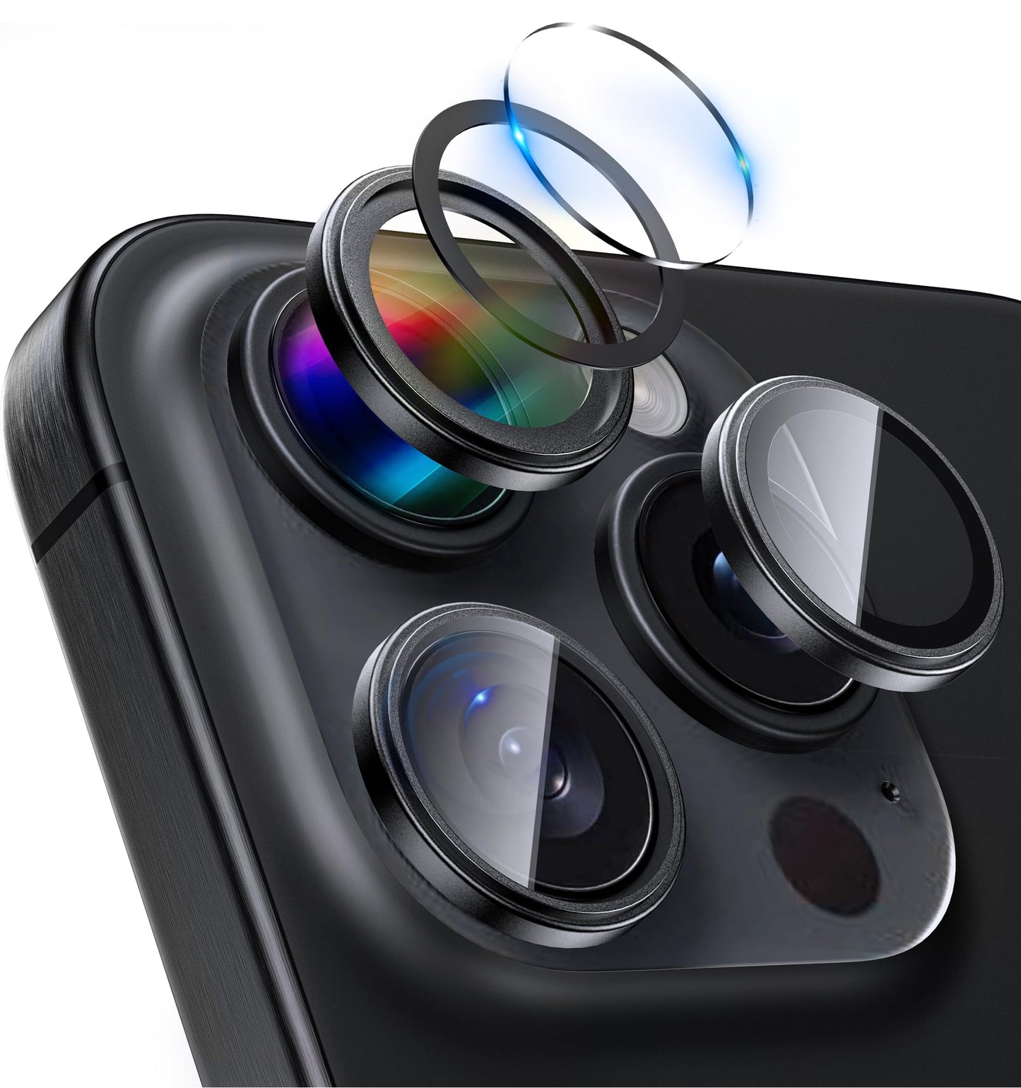 LONLI - for iPhone 16 Pro | 16 Pro Max - Triple Individual Camera Lens Protector - Rainbow Holographic Glitter WN420