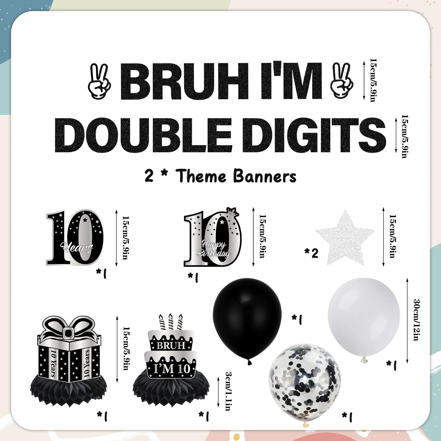 10th Birthday Decorations Banner Boys - 11 Pcs Silver Black Bruh I'M Double Digits Banners Hanging Swirls Honeycomb Table Decoration Latex Balloons For Boy 10 Year Old Bday Party Supplies BST220