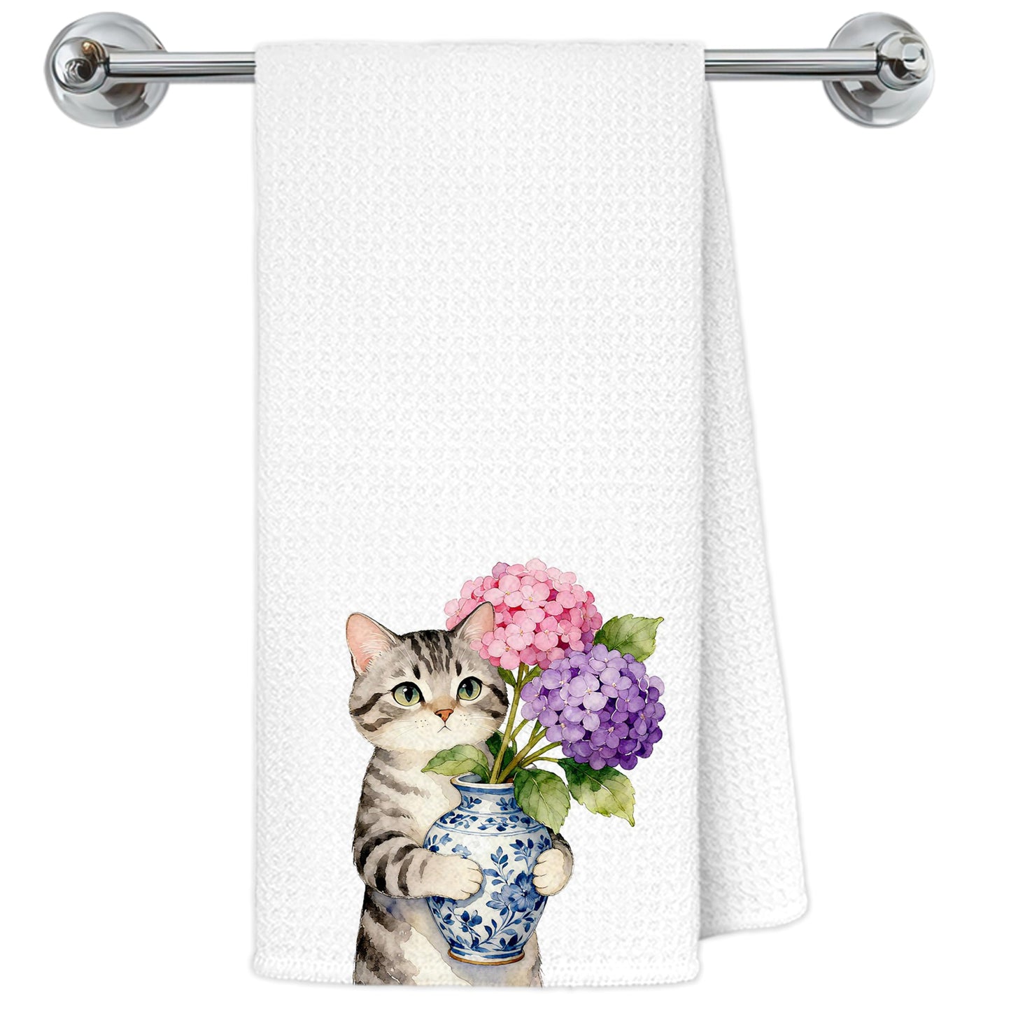 Blue and White Chinoiserie Orange Cat Bathroom Hand Towels, Orange Cat Gifts, Funny Oriental Kitty Decorative Hand Towels Bathroom Restroom Washroom Yoga Spa Zen Decor, 16x24 Inch BST326L