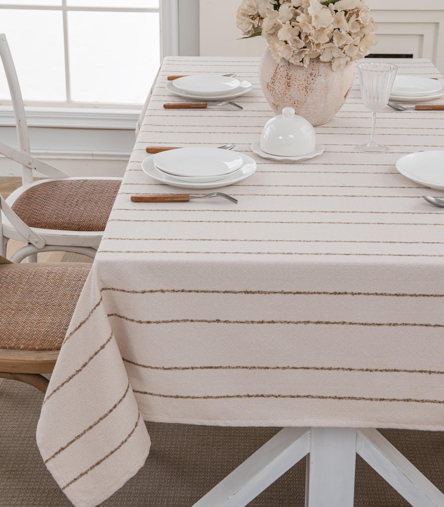 Caflife White Square Tablecloth 55x55 Inch, Cotton Linen Polyester Blend Stripes Table Cloth, Farmhouse Boho Decorative Table Cover for Dining Room Party Buffet Home Kitchen Table Decor BST202