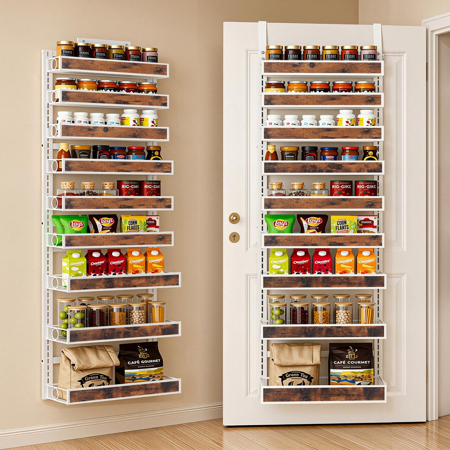 8 Tier Over The Door Pantry Orangizer 2 IN 1 Wall Mounted or Hanging Spice Rack with Adjustable Wood Basket,Heavy Duty Seasoning Storage Shelf for Kitchen Pantry and Bathroom BST220