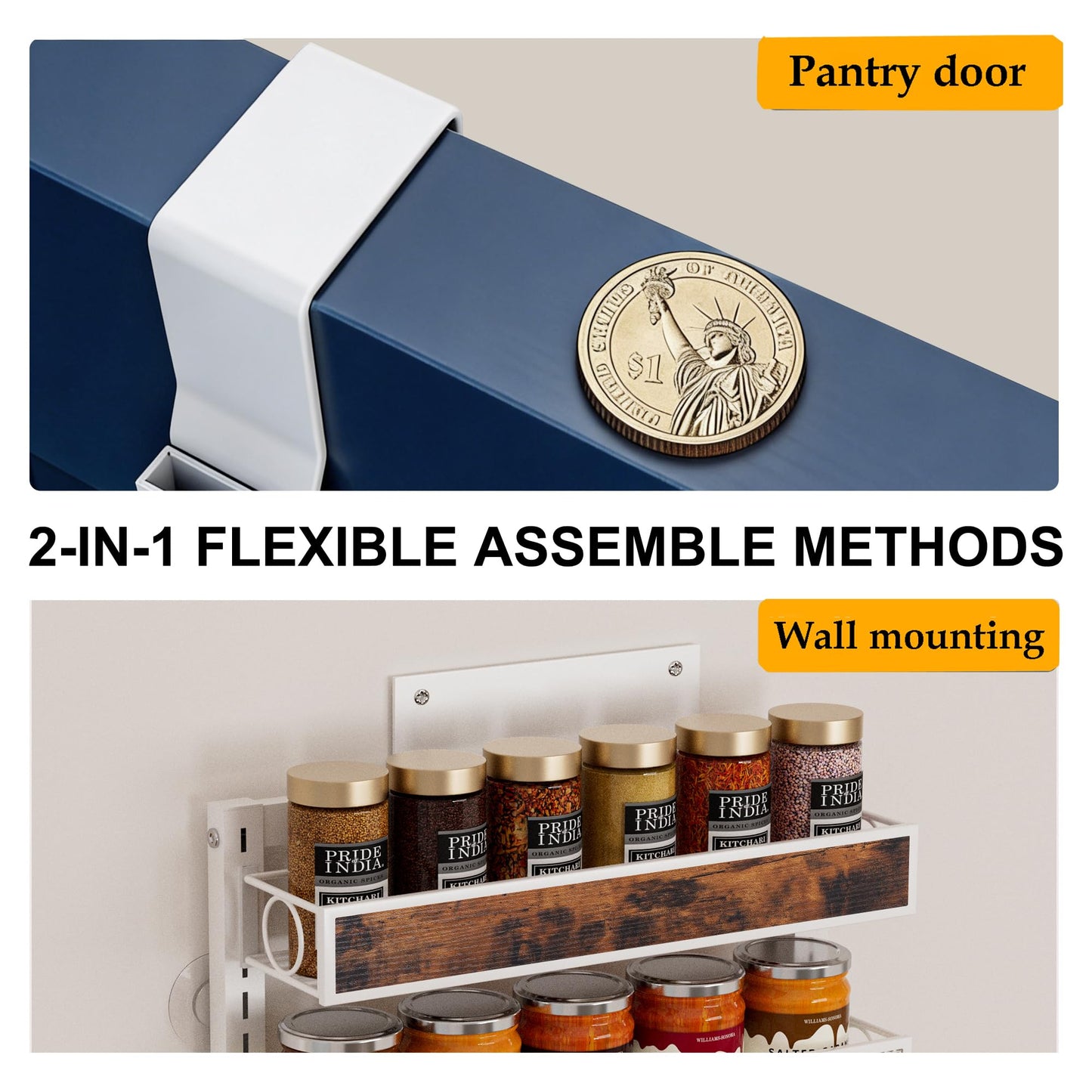 8 Tier Over The Door Pantry Orangizer 2 IN 1 Wall Mounted or Hanging Spice Rack with Adjustable Wood Basket,Heavy Duty Seasoning Storage Shelf for Kitchen Pantry and Bathroom BST220